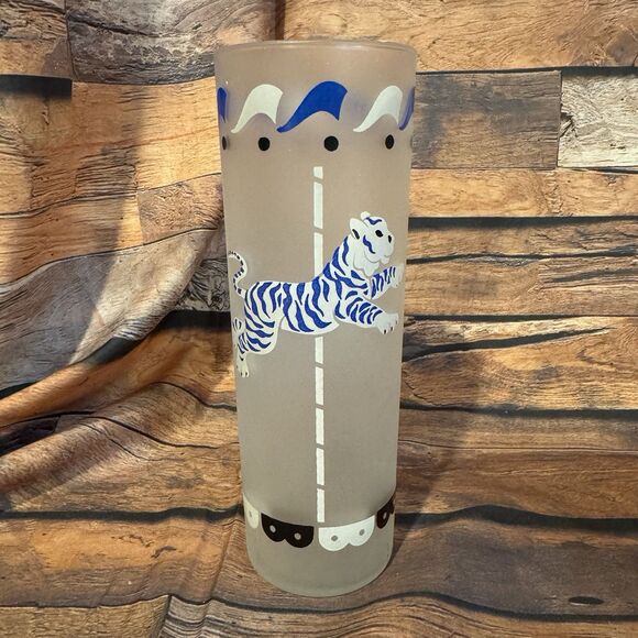 Vtg Libbey MCM Frosted Carousel Circus Blue Tiger Highball Glass 1950s Drinkware - Picture 1 of 8